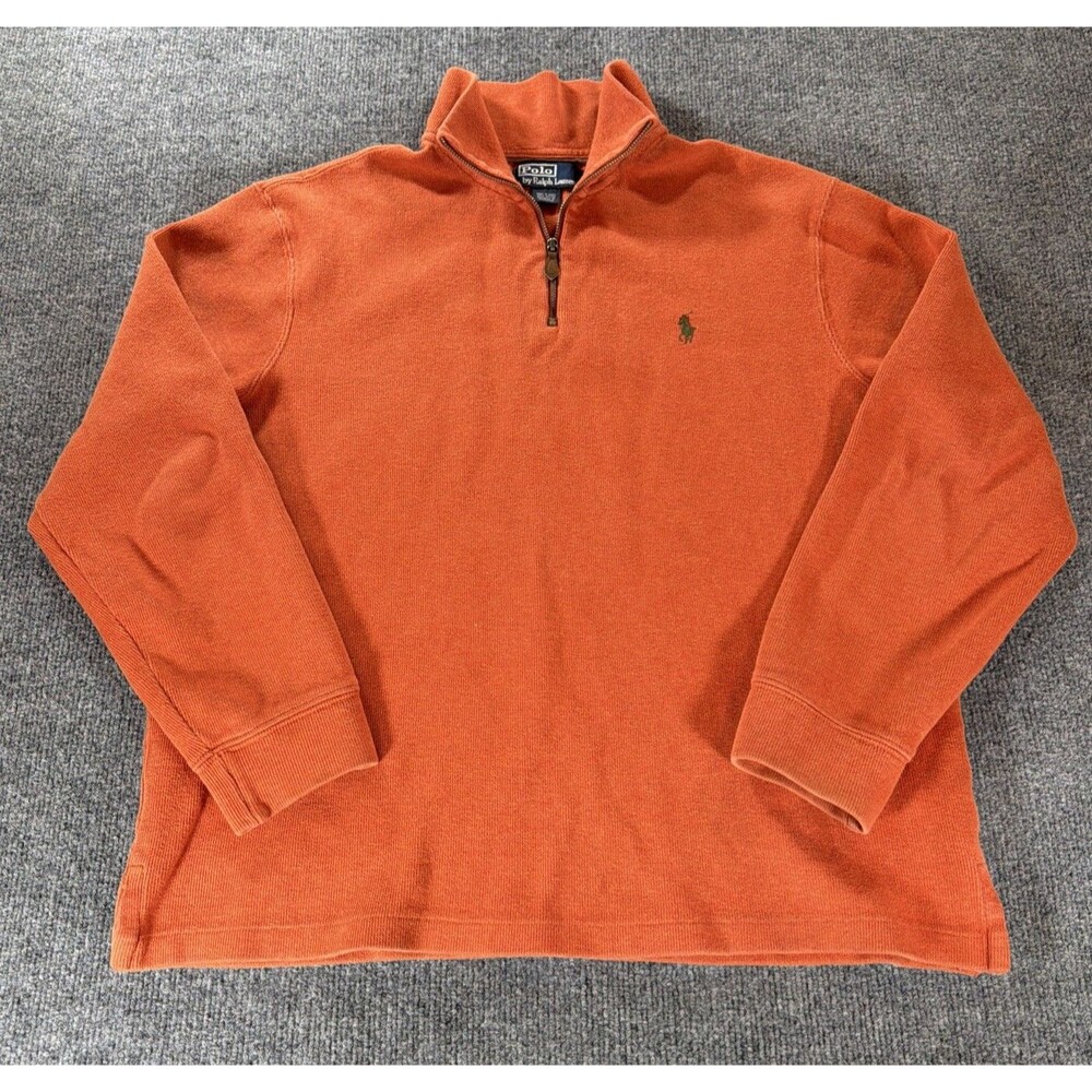 Vintage Ralph Lauren Pullover Mens Large Orange Quarter Zip Pony Sweatshirt 90s